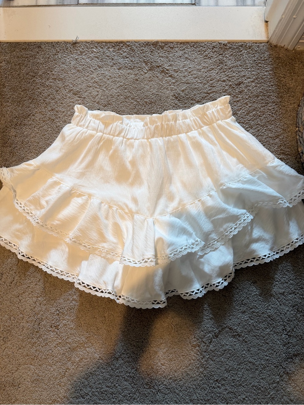 White Ruffle Tiered Mini Skirt with Lace Trim